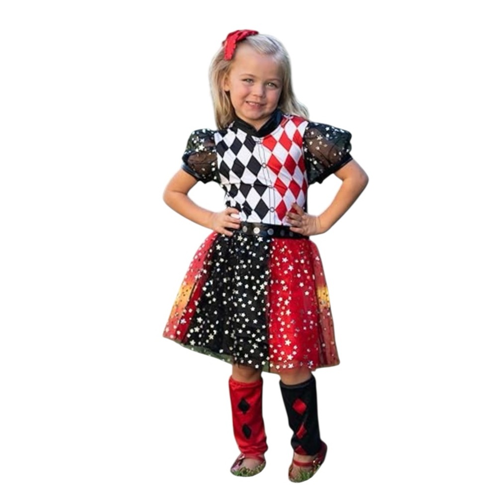 Harlequin Jester Clown Kids Costume - Red, Black, White Size 6-7